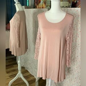 Jodifl Blouse Crocheted Long Sleeves Women’s M Pink Taupe Lace Detail Tunic
